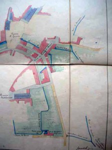 Cavaliere Martelli, raffigurazione dell’andamento della Gora di Candeglia in città allegato alla relazione Guasti del 1835. Si nota il punto in cui le gore si riuniscono