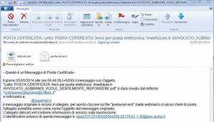 Ecco la ricevuta di ritorno in Pec dell'Ordine degli Avvocati di Pistoia