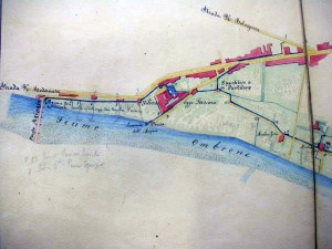 Mappa della Gora di Gora (1835). Dettaglio del punto di captazione dell'acqua dall'Ombrone